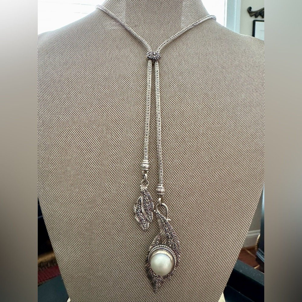 Sarda Exquisite Sterling Silver Feather-Pearl Lariat Necklace